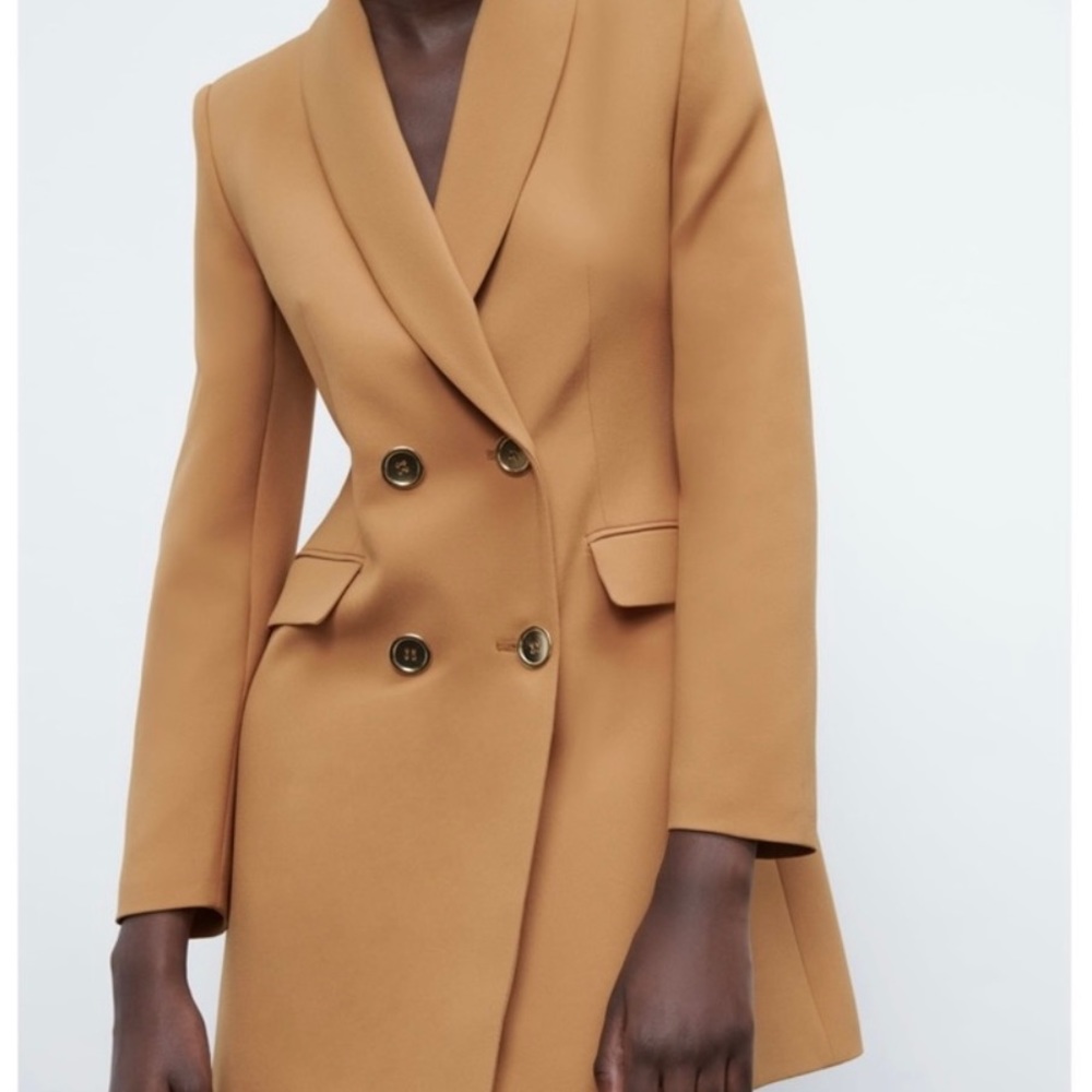 ZARA Double-Breasted Long Brown Blazer with Large Gold Buttons Size XS - Picture 2 of 4